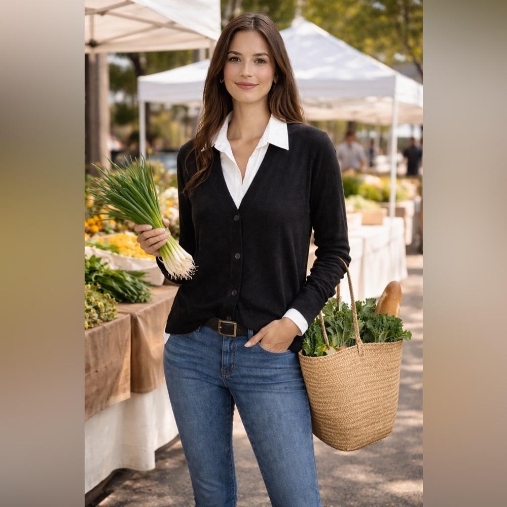 C by Bloomingdale’s Cashmere Layered Shirt Cardigan XL Black White NWT - Picture 11 of 11